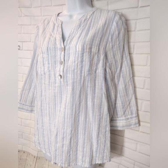 Cathy Petite White and Blue Striped Blouse - Picture 3 of 10